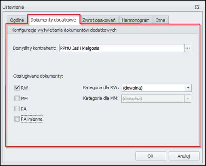 8.1.1.2 Dokumenty dodatkowe Opcje znajdujące się w tym oknie dają możliwość zdefiniowania domyślnego kontrahenta oraz dodatkowych dokumentów, które będą drukowane wraz z dokumentami WZ.
