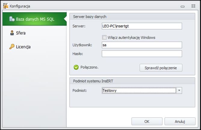 8.1.2 Konfiguracja W oknie ustawień Konfiguracja można kolejno zmienić ustawienia dotyczące połączenia z bazą danych MS SQL, użytkownika Sfery systemu InsERT oraz zmianę