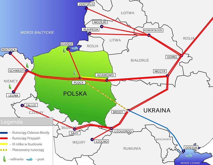 b) Podaj nazwy największych rafinerii ropy naftowej w Polsce. c) Uzasadnij potrzebę budowy planowanego odcinak rurociągu Płock Brody. 12.