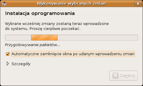 Instalacja pakietów Po kliknięciu na przycisk Zastosuj, Synaptic automatycznie