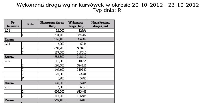 Wydruk według typów czynności Wydruk przedstawia wykonaną drogę według numerów kursówek w wybranym