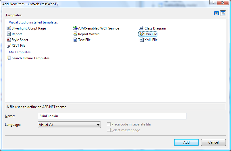 W celu utworzenia kompozycji należy w oknie Solution Explorer kliknąd prawym przyciskiem i wybrad Add ASP.NET Folder, a następnie Theme.