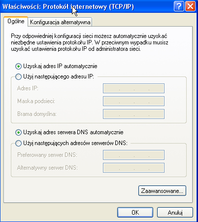 Instrukcja obsługi 1.4 Na liście ustawień należy wyszukać i dwukrotnie kliknąć na Protokół internetowy (TCP/IP). 1.5 Należy ustawić opcję Uzyskaj adres IP automatycznie oraz Uzyskaj adres serwera DNS automatycznie.