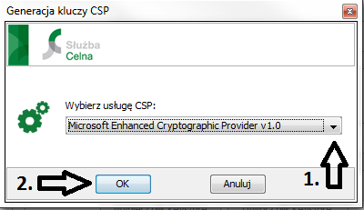 2.1. Generowanie certyfikatu przy wykorzystaniu CSP Należy zaznaczyć opcję CSP (1) i potwierdzić wybór przyciskiem OK (2).