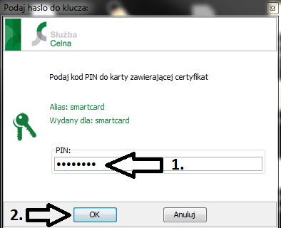 Należy podać kod PIN do karty kryptograficznej (1.) i zatwierdzić przyciskiem OK (2.) Certyfikat zostanie wygenerowany i zapisany na karcie.