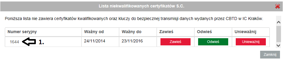 Wybrać opcję Lista niekwalifikowanych certyfikatów S.C.