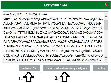 W celu pobrania dokutemu potwierdzającego wydanie certyfikatu należy kliknąć przycisk pobierz PDF (1).
