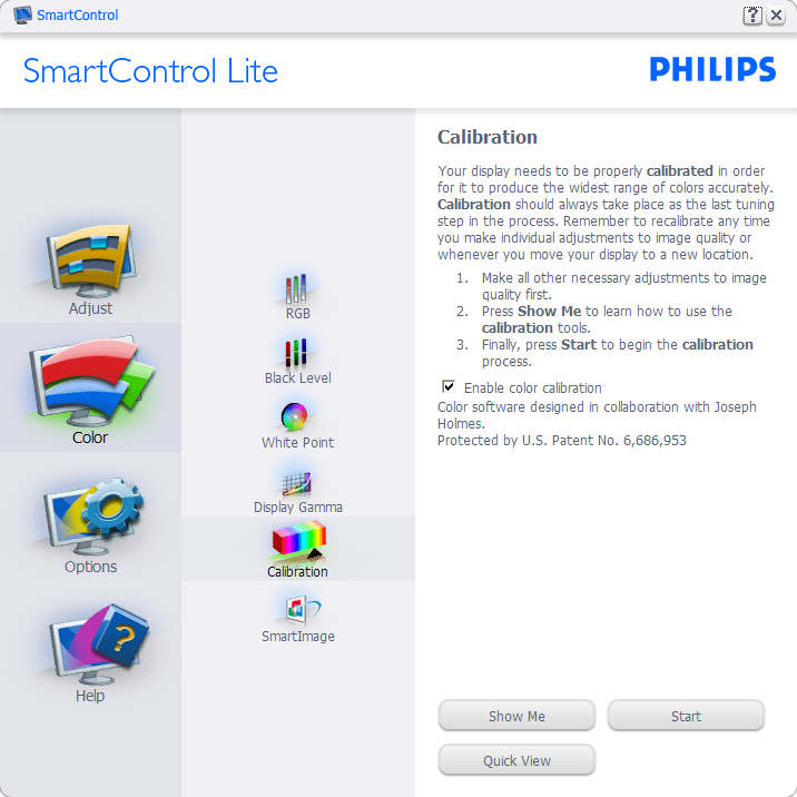 Przykład funkcji Color Calibration (Kalibracja kolorów): 1. "Show Me" (Pokaż) uruchamia samouczek kalibracji kolorów. 2. Start - uruchamia 6-krokową sekwencję kalibracji kolorów. 3.