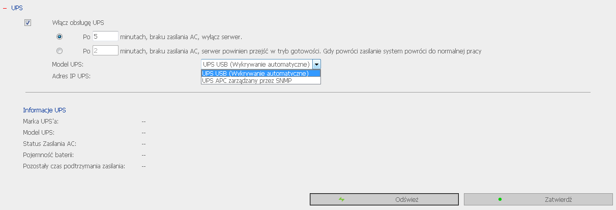 Współpraca z UPS 1. Automatyczna kontrola stanu zasilania i przełączania na zasilanie awaryjne w przypadku jego braku 2.
