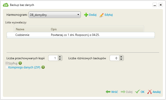 3. Na ostatniej zakładce wybieramy harmonogram według którego będzie się wykonywał backup baz danych.