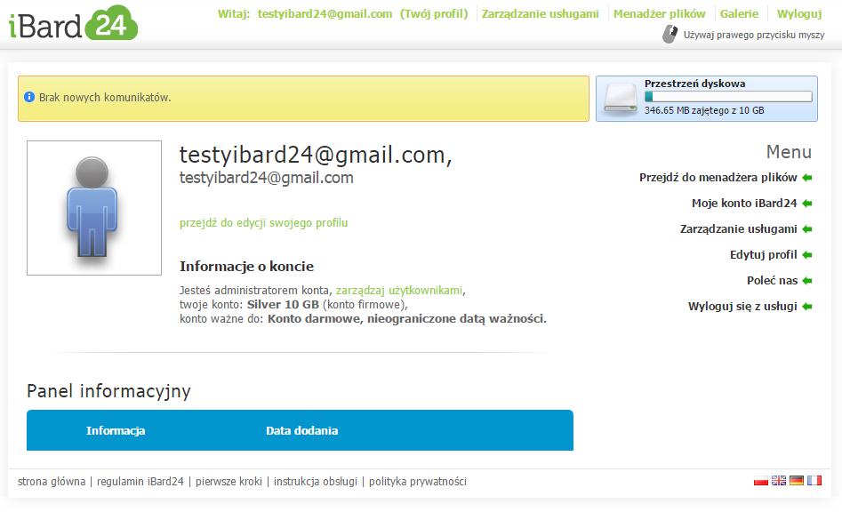 W menu po prawej stronie mamy następujące opcje: Przejdź do menadżera plików Przechodzi do okna menadżera plików Moje konto ibard24 Wyświetla informację o usłudze i pozawala na zmianę typu konta i