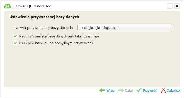 Następnie określana jest nazwa bazy danych, która powstanie po odtworzeniu kopii oraz określa dodatkowe opcje odtwarzania pozwalające na nadpisanie bazy gdy o podanej nazwie już istnieje oraz na