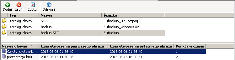 Zakładka Miejsca docelowe W zakładce Miejsce docelowe znajdziesz informacje o skonfigurowanych miejscach przechowywania obrazów backupu.