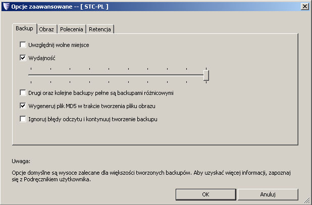 Backup Comment Ta opcja umożliwia opatrzenie backupu własnym komentarzem, który dostępny będzie w czasie późniejszego montowania lub przywracania danych z tego backupu.