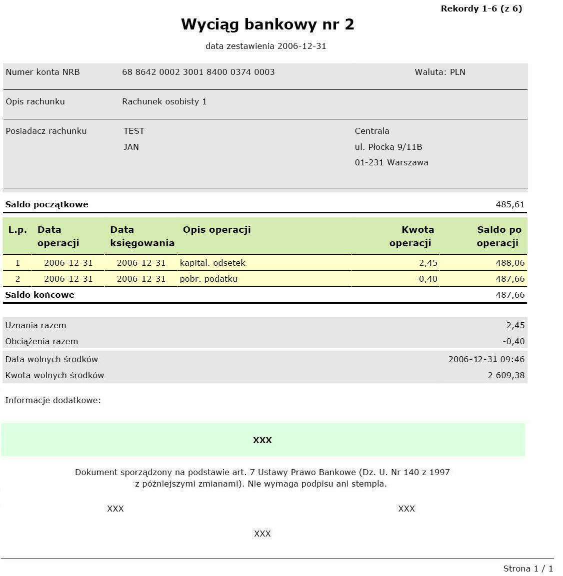 Rozdział 4 Rachunki [Pobierz PDF] umożliwia zapisanie na dysku w postaci pliku PDF wyciągu lub wybranej operacji (wybór przycisku dostępnego w kolumnie Rodzaj operacji) [Pokaż] wartość określa ile