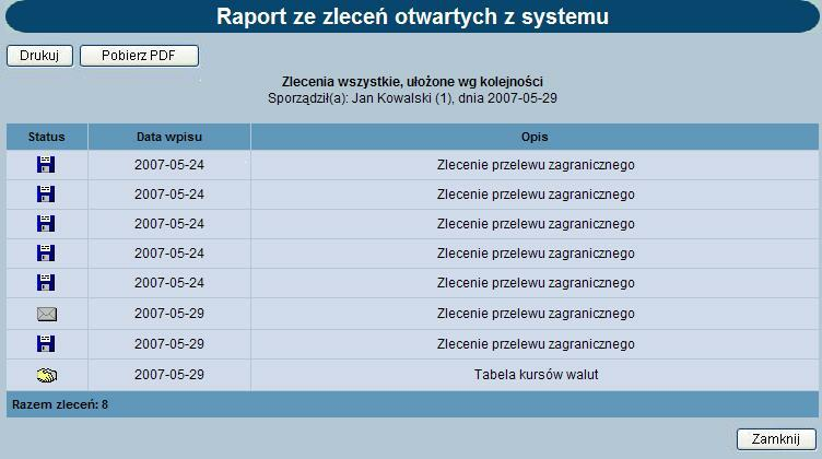 Rozdział 9 Zlecenia otwarte Odwrotnie zaznaczenie parametru odwraca kolejność zleceń na raporcie. Od dnia - do dnia pozwala na określenie zakresu dat do raportowania.