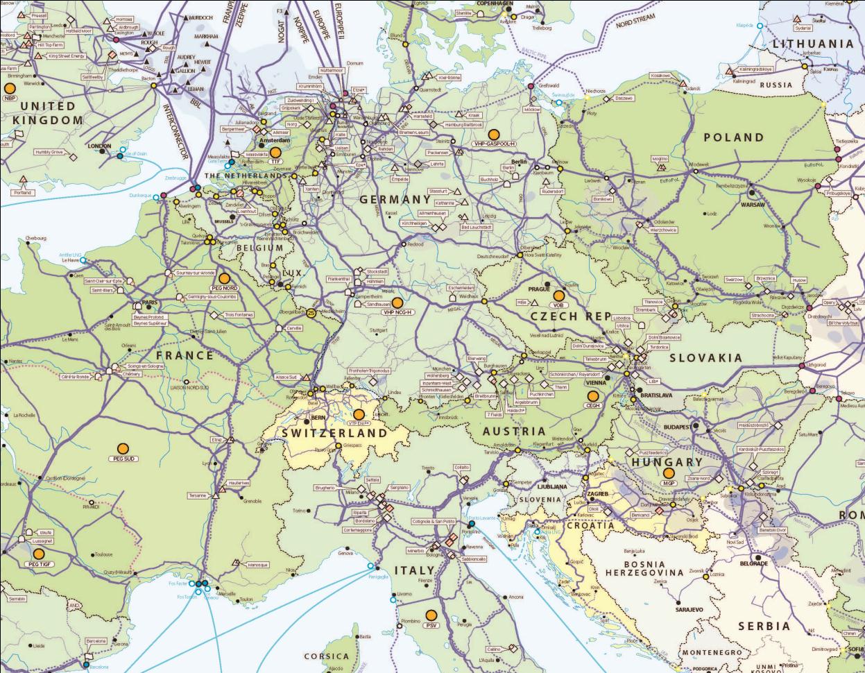 Główne HUBY gazowe w Europie Huby gazowe miejsca handlu gazem huby fizyczne zlokalizowane w miejscach gdzie łączą się gazociągi przesyłowe z wielu kierunków.