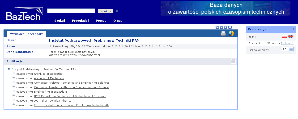 Rys. 6. Rekord wydawcy w dziedzinowej bibliograficznej bazie danych Źródło: Baza BazTech [on-line].[dostęp 06.05.2013] Dostępny w World Wide Web: http://baztech.icm.edu.pl.