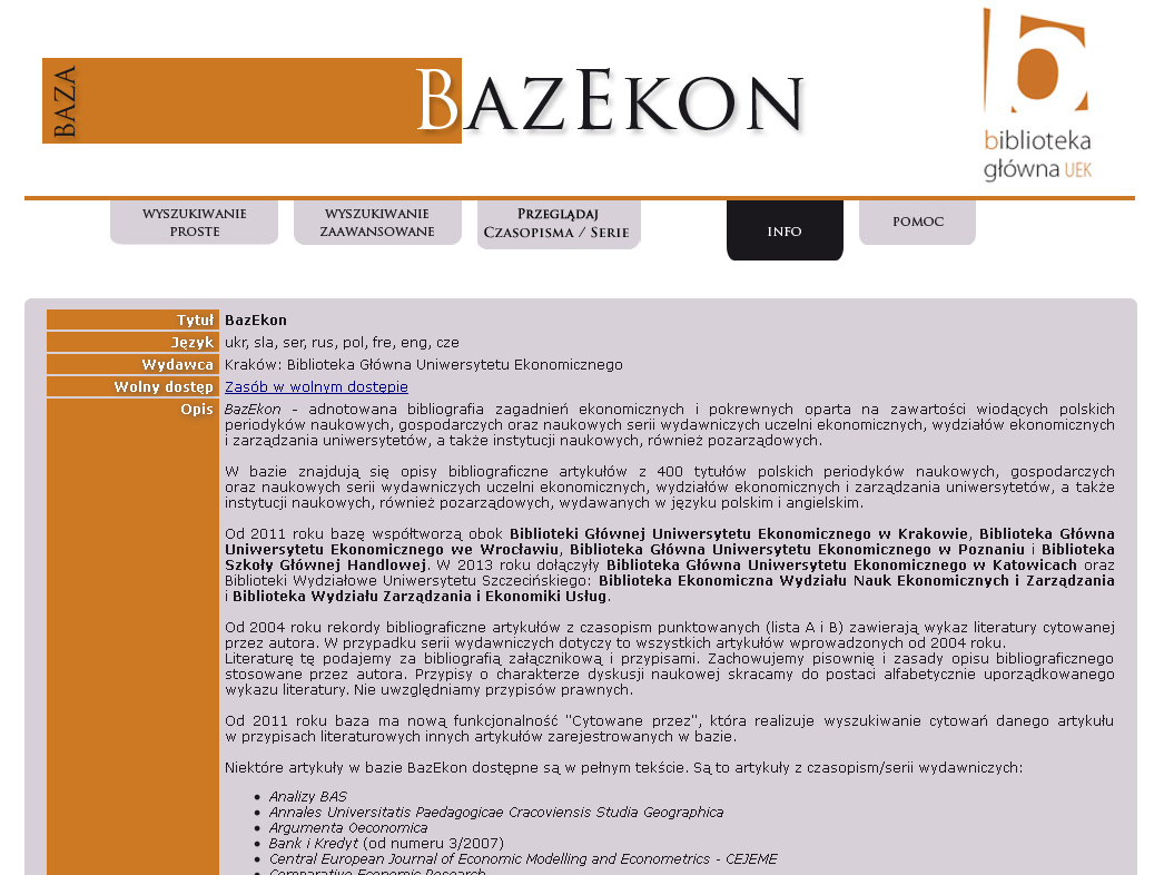 Rys. 7. Witryna dziedzinowej bibliograficznej bazy danych z informacją o jej twórcach Źródło: Baza BazEkon [on-line].[dostęp 06.05.2013] Dostępny w World Wide Web: http://kangur.uek.krakow.