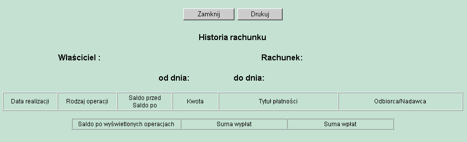 Dostępne klawisze funkcyjne to: Powrót umożliwia ponowne określenie zakresu historii Do wydruku pozwala na wyświetlenie danych w formacie gotowym do wdruku, a następnie wydruk na drukarkę Pobierz PDF