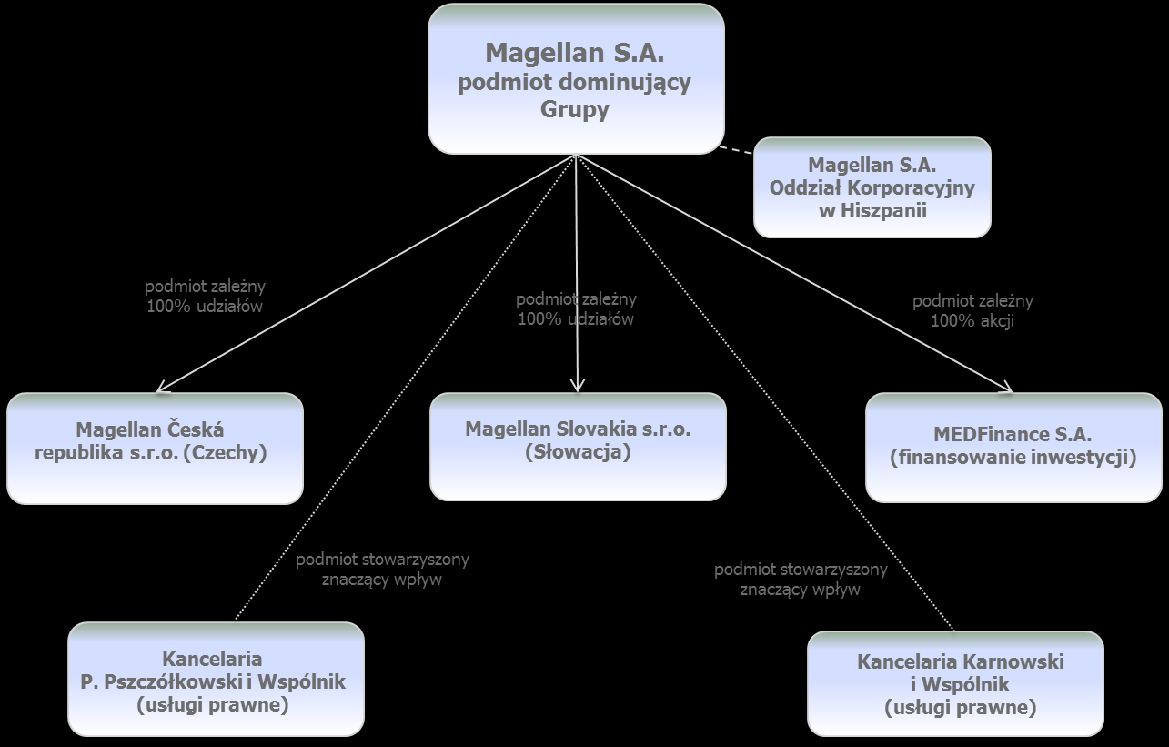 1.7. Powiązania kapitałowe i organizacyjne na dzień bilansowy Spółka Magellan S.A. na dzień 31 grudnia 2014 r. była 100%-owym akcjonariuszem/udziałowcem w: spółce MEDFinance S.A. z siedzibą w Łodzi, al.