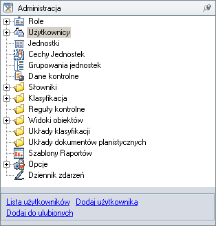 Rysunek 65. Drzewo Administracja 7.3. Role Rola jest to zbiór uprawnień przyznanych użytkownikom systemu. Celem tworzenia ról jest ułatwienie kontroli nad użytkownikami.