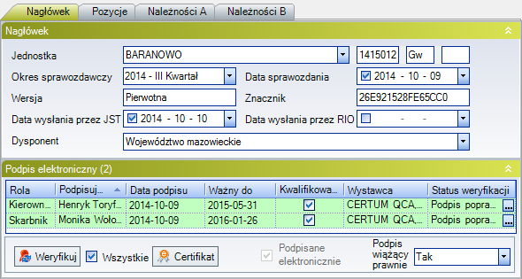 W przypadku poprawnego złożenia podpisu elektronicznego, po kliknięciu w znak [ ] na końcu wartości kolumny Status weryfikacji, możliwe jest wejście do okna Szczegóły weryfikacji, gdzie użytkownik