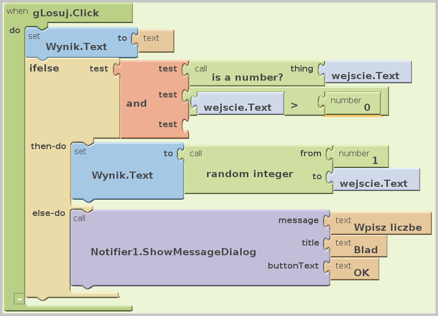 41 Mobilne zadania i aktywności w przykładach Rys. 8.15. Prosty kod prostego programu stworzonego w App Inventorze.