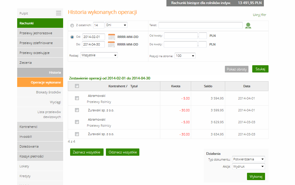 Można również dodatkowo sprecyzować historię wykonanych operacji na wybranym rachunku zawężając zakres szukanych operacji poprzez włączenie filtra Pokaż filtr/ Ukryj filtr, widoczny w prawym górnym