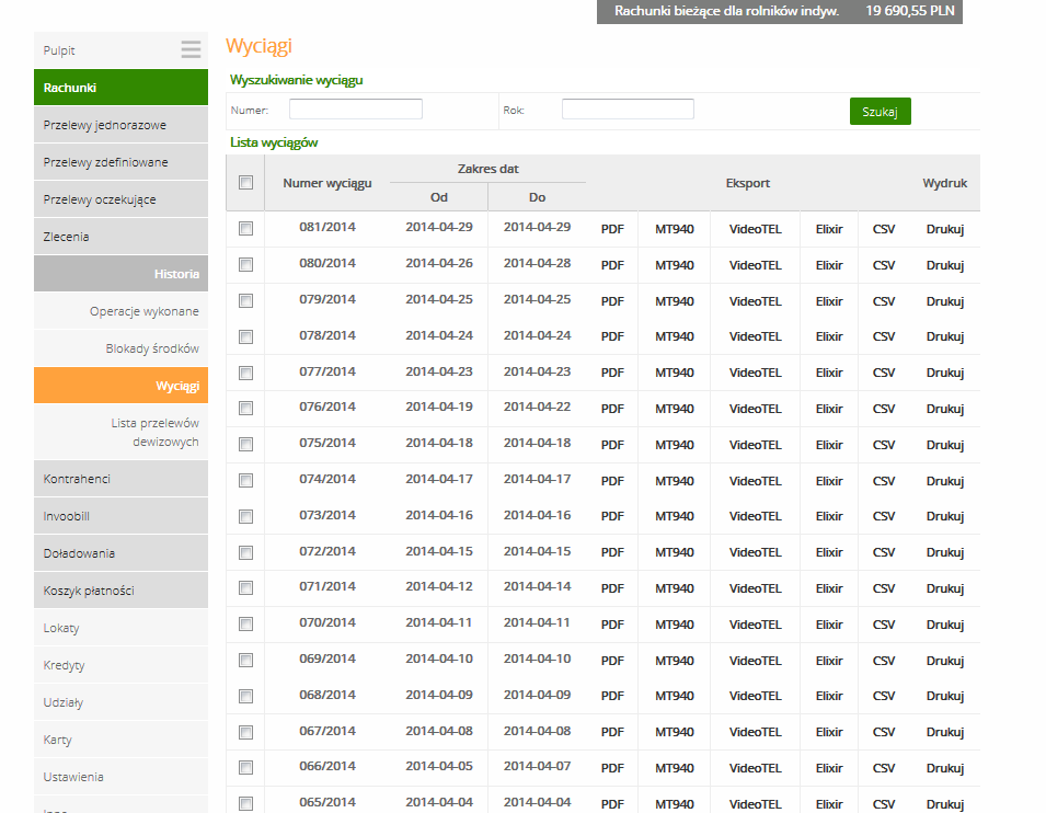 Przez zaznaczenie w pierwszej kolumnie kwadratów wyboru przy każdym wyciągu możliwy jest wydruk lub eksport wielu wyciągów jednocześnie.