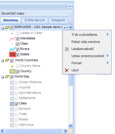 Rysunek 6 Zakładka zawartość mapy i menu kontekstowe warstwy.