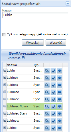 Wyszukiwanie nazw geograficznych W celu wyszukania nazw geograficznych: 1. W lewym panelu sterowania należy przejść do zakładki Szukaj nazw geograficznych. 2.