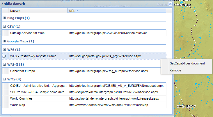Rysunek 22- Źródła danych i menu kontekstowe dla Usługi typu WFS. Dla źródeł typu WFS (Web Feature Service) w menu kontekstowym dostępna jest dodatkowa funkcja GetCapabilities Dokument.