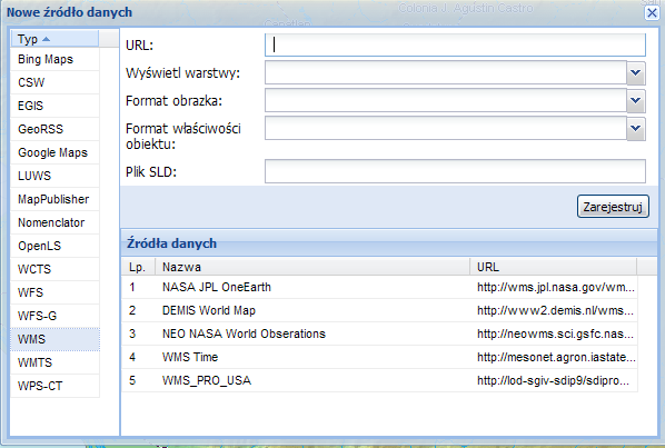 Rysunek 23 Okno definiowania nowego źródła danych. Lista źródeł - Administrator portalu może przygotować listę usług dostępnych dla użytkowników.