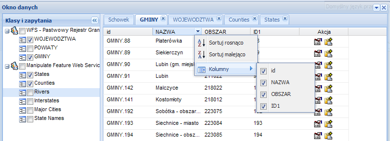 Rysunek 30 Okno danych - opcje sortowania danych i wyboru wyświetlanych kolumn. Zaznaczenie rekordów w oknie danych powoduje automatyczne zaznaczenie odpowiadających im obiektów na mapie.