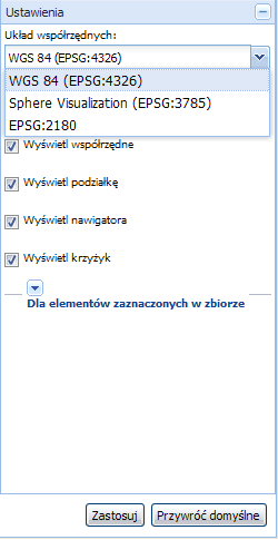 Ustawienia Zmiana układu współrzędnych Wyświetlane na mapie dane w GeoMedia SDI Portalu mogą być prezentowane w różnych układach współrzędnych.