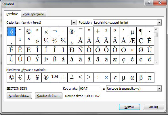 Rozdział II. Wstawianie i formatowanie obiektów 2.2.4. Symbole Symbole - to obiekty, które możemy wstawiać bezpośrednio do tekstu.