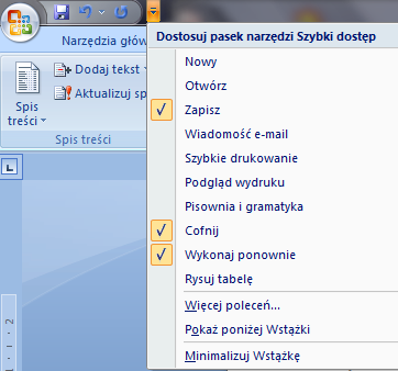 Rozdział I. Wprowadzenie do programu MS Word 2007 Na uwagę załugują przyciski na głównym pasku szybkiego dostępu - ramki programu MS Word.