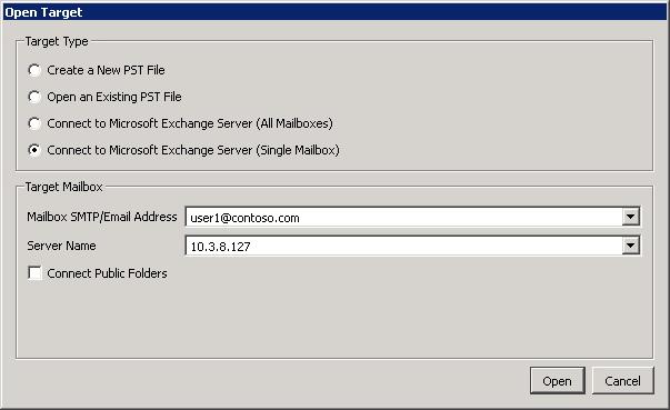 Uwaga: serwer CAS jest wymagany w przypadku łączenia z serwerem Exchange 2010 bez roli dostępu dla klienta. 5. Kliknij opcję Otwórz. Pojedyncza skrzynka pocztowa 1. Kliknij opcję Otwórz cel. 2. Wybierz opcję Microsoft Exchange Server (pojedyncza skrzynka pocztowa).