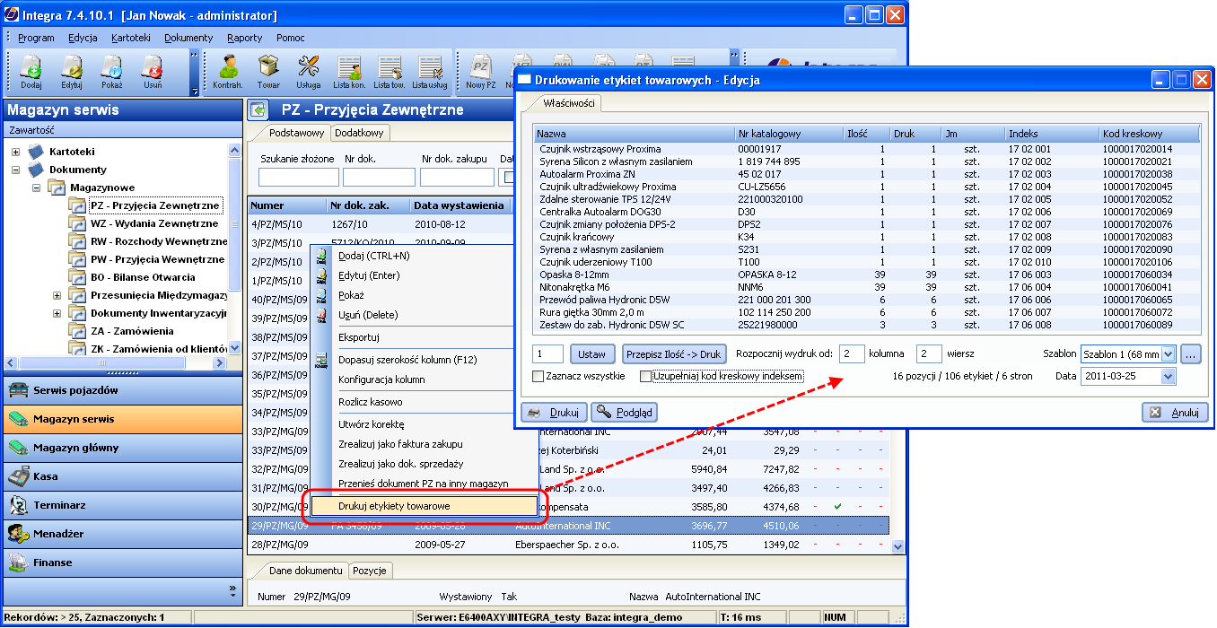 8.7.1.2 Drukowanie etykiet towarowych Etykiety towarowe pozwalają na uporządkowanie towarów na magazynie. Program Integra pozwala na ich wydruk na zwykłych drukarkach i papierze do etykiet.
