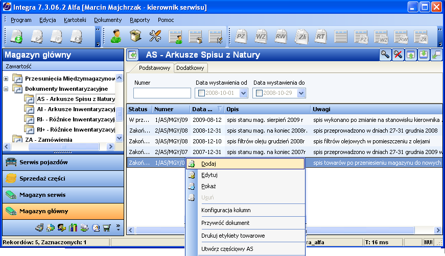 4. Weryfikacja stanów magazynowych zapisanych w programie ze stanem rzeczywistym towarów, poprzez wprowadzenie spisanych danych o stanie rzeczywistym do arkusza/y inwentaryzacyjnego w programie dok.