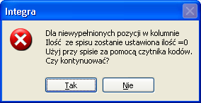 Rys. 8-85 Zakończenie spisu towarów na dok. AI Rys. 8-86 Komunikat informujący o braku możliwości zakończenia dok.