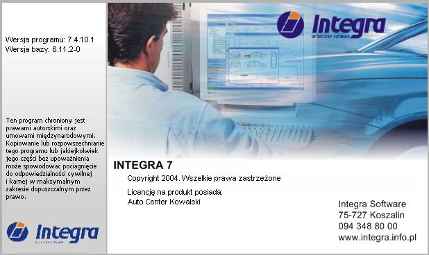 informacje o: wersji programu i bazy danych, użytkowniku posiadającym licencję na produkt. Rys. 4-1 Okno powitalne systemu Integra 7 4.