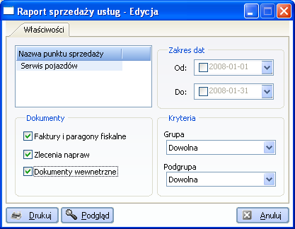 9.3.3 Raport sprzedaży usług Tworzymy go wybierając z listy raportów sprzedaży pozycję Raport sprzedaży usług. Podobnie jak w przypadku innych raportów rozpoczynamy od ustawienia zakresu dat (Rys.