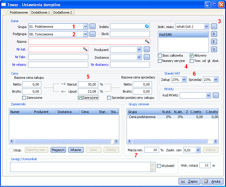 7.6.3 Towary ustawienia domyślne (Menu programu -> Kartoteki -> Towary - Inne -> Ustawienia domyślne). Rys. 7-12 Karta Towar Ustawienia domyślne, zakładka Podstawowe 1.