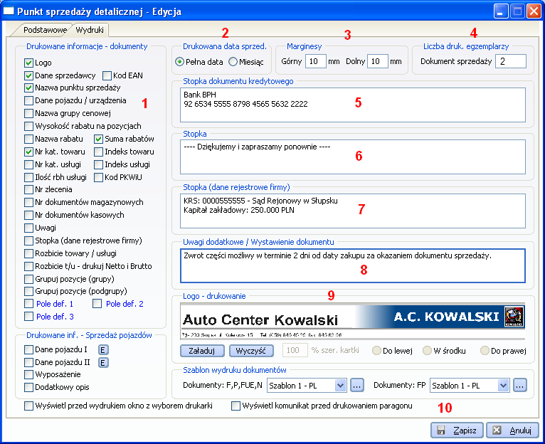 Zakładka Wydruki (rys. 7-24). Rys. 7-24 Karta Punkt sprzedaży detalicznej, zakładka Wydruki 1. Drukowane informacje domyślny zakres danych, które pojawią się na wydruku dokumentu sprzedaży. 2.