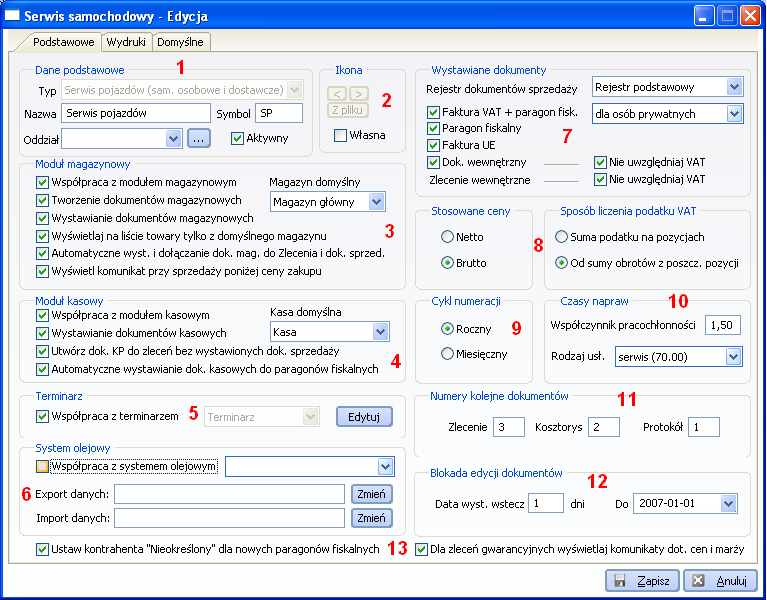 7.6.11 Serwis pojazdów ustawienia domyślne (Moduł Menedżer-> Menu programu-> Administracja-> Punkty sprzedaży - Inne-> Serwis pojazdów) Konfigurację parametrów domyślnych należy odbyć dla każdego