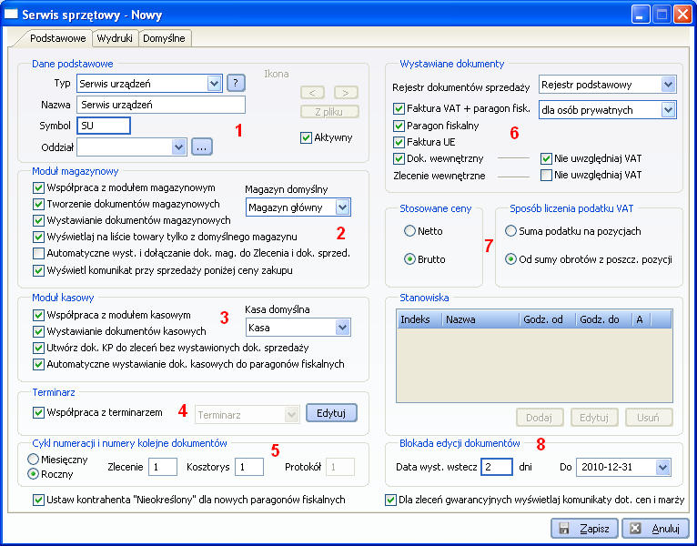 7.6.12 Serwis sprzętu ustawienia domyślne (Moduł Menedżer-> Menu programu-> Administracja-> Punkty sprzedaży - Inne-> Serwisy sprzętowe) Konfigurację parametrów domyślnych należy odbyć dla każdego