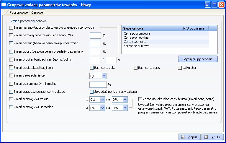 Rys. 7-32 Karta Grupowa zmiana parametrów towarów, zakładka Cenowe Na zakładce Cenowe znajdują się parametry cenowe kartotek, które możemy zmieniać (np.