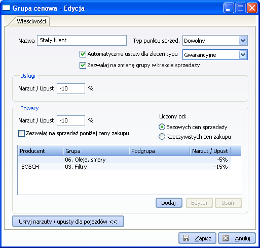 7.10 Konfiguracja grup cenowych Grupy cenowe służą do przygotowania wielu schematów wyliczania cen sprzedaży dla towarów i usług. Każdy klient powinien być przypisany do jednej z grup cenowych.